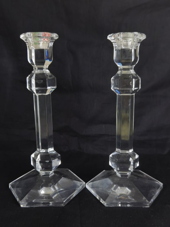 Pr. of Val. St. Lambert Crystal Candlesticks: Pr. of Val. St. Lambert Crystal Candlesticks, 9 3/8in by 4 7/8in