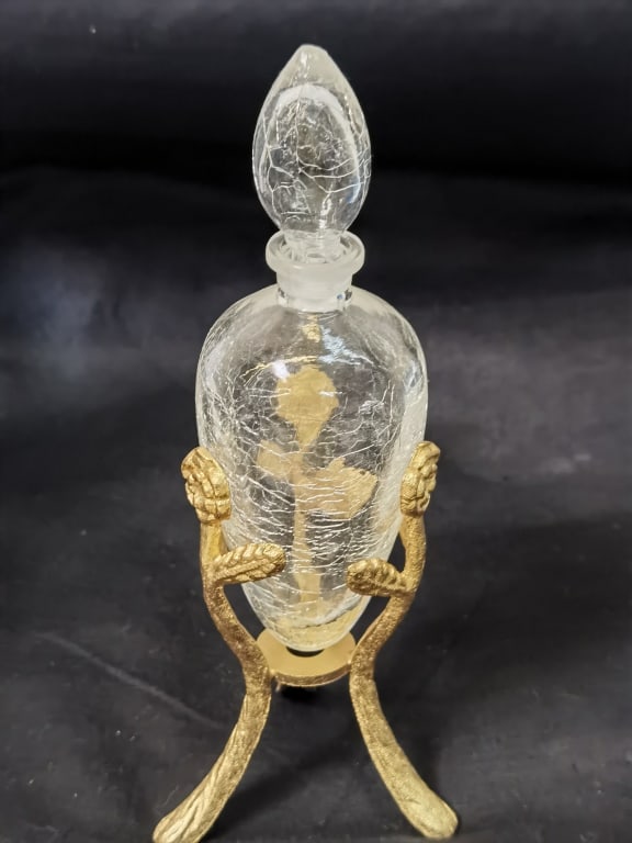Vintage Crackled Glass Perfume Bottle on Brass Sta: Vintage Crackled Glass Perfume Bottle on Brass Stand, 7.75in