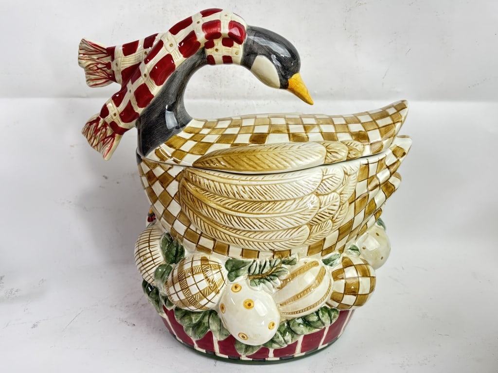 Vintage Debbie Mumm Porcelain "Sakura" Goose Jar: Vintage Debbie Mumm Porcelain "Sakura" Goose Jar, 12in by 11.5in