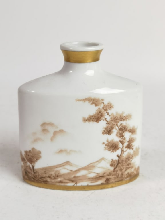 Rubel Portugal Porcelain Gilt Landscape Vase: Rubel Portugal Porcelain Gilt Landscape Vase, 3 7/8in