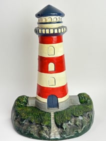 Vintage Striped Lighthouse Cast Iron Door Stop