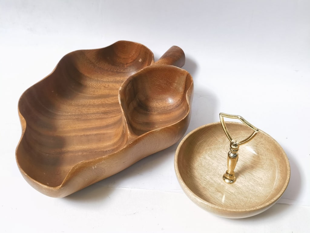 Burlwood Leaf Bowl and Wood Bowl: Burlwood Leaf Bowl and Wood Bowl, 13in by 3in