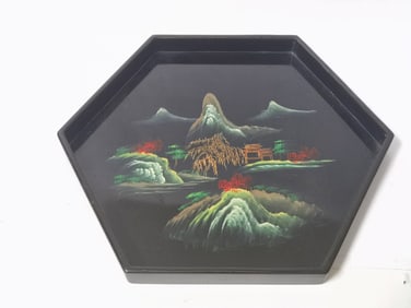 Vintage Hexagonal Hand Painted Lacquer over Wood