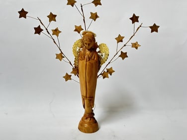 Vintage Wood Carved Metal Decorated Virgin Mary