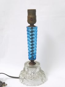 Vintage Blue Spiral Glass Lamp on Clear Glass Moun