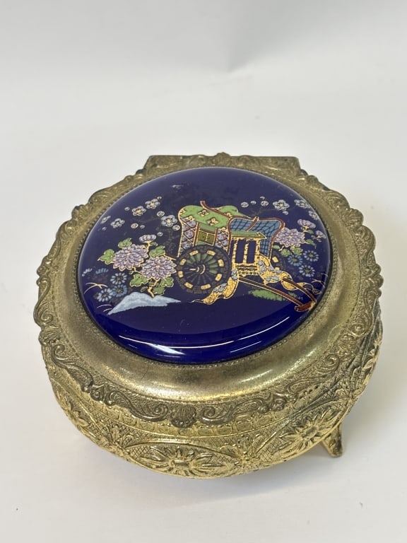 Vintage Japanese Brass and Porcelain Music Jewelry: Vintage Japanese Brass and Porcelain Music Jewelry Box, 4in by 2.75in, Not in Working Condition