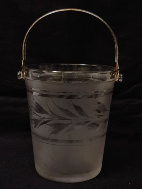 Vintage Etched Frosted Glass Ice Bucket: Vintage Etched Frosted Glass Ice Bucket, 5in
