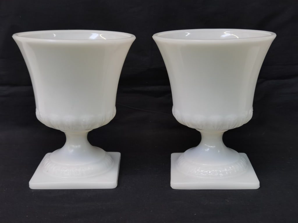 Pr. of Vintage White Milk Glass Pedestal Vases: Pr. of Vintage White Milk Glass Pedestal Vases, 7in by 5.5in