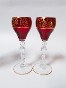 Pr. of Vintage Gilt Ruby Glass Wine Glasses