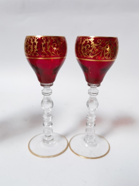 Pr. of Vintage Gilt Ruby Glass Wine Glasses: Pr. of Vintage Gilt Ruby Glass Wine Glasses, 5in