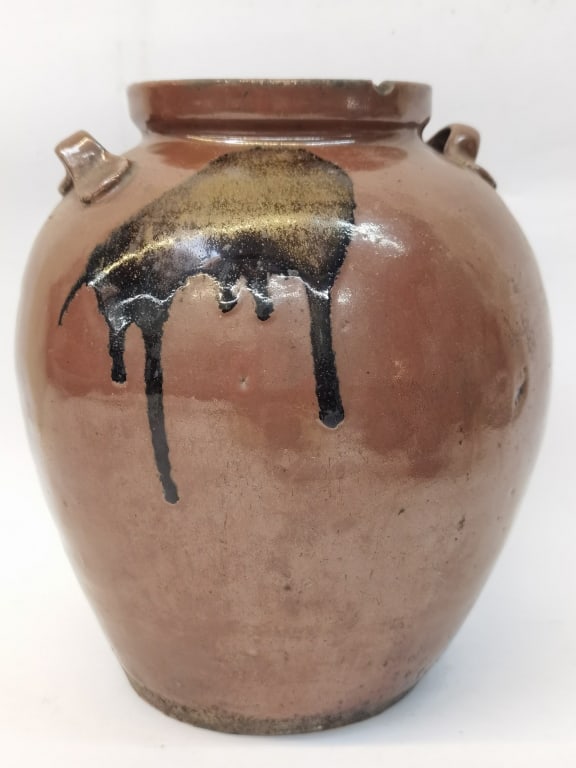 Antique Japanese Glazed Pottery Jar: Antique Japanese Glazed Pottery Jar, 9in by 7.5in