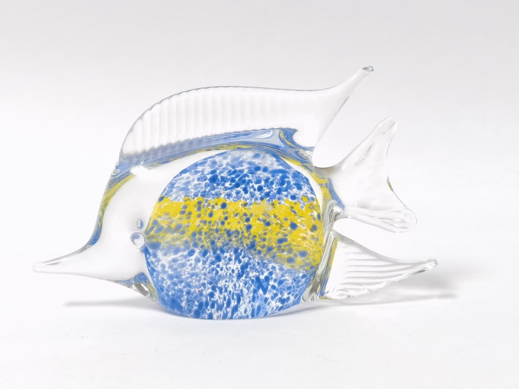 Vintage Murano Italy Blue/Yellow Art Glass Fish: Vintage Murano Italy Blue/Yellow Art Glass Fish, 5in