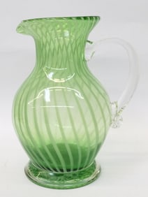 Vintage Green/White Spiral Blown Glass Pitcher