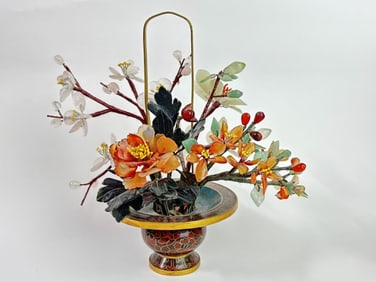 Chinese Jade Tree in Cloisonne Basket