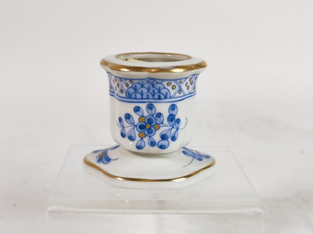 Herend Hungary Porcelain Blue Floral Candle Holder: Herend Hungary Porcelain Blue Floral Candle Holder, 1.75in by 2 1/8in