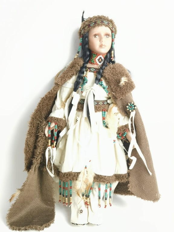 Vintage Native American Porcelain Doll: Vintage Native American Porcelain Doll, 16in