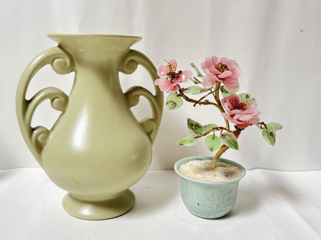 Vintage Porcelain Vase and Stone Flower Decor: Vintage Porcelain Vase and Stone Flower Decor, 10in
