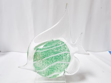 Vintage Murano Italy White Stripe Green Art Glass