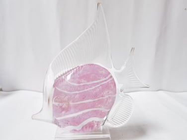 Vintage Murano Italy White Stripe Pink Art Glass F