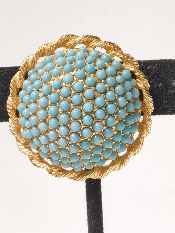 Costume Gold Tone Turquoise Color Bead Brooch: Costume Gold Tone Turquoise Color Bead Brooch, 1.5in