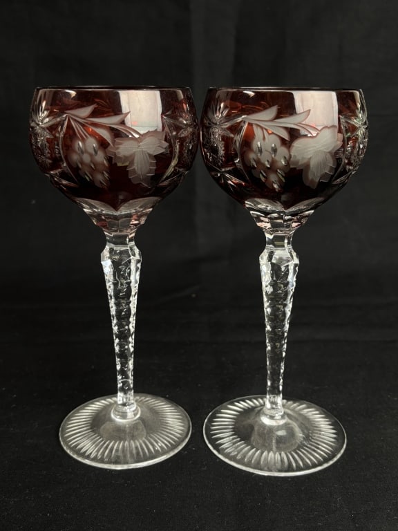 (2) Vintage Maroon Cut-to-Clear Wine Glasses (1 of 6)
