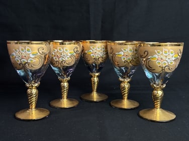 (5) Vintage Signed Murano Italy Hand Painted Gilt