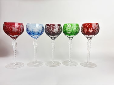 (5) Vintage Bohemian Cut-to-Clear Wine Glasses