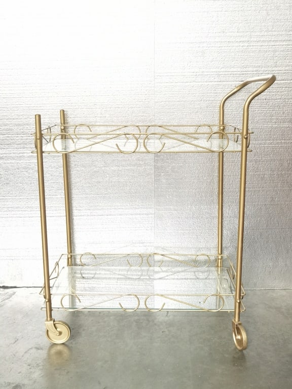 Gold-Tone Metal Glass Tray Bar Cart: Gold-Tone Metal Glass Tray Bar Cart, 32in by 28in by 16in