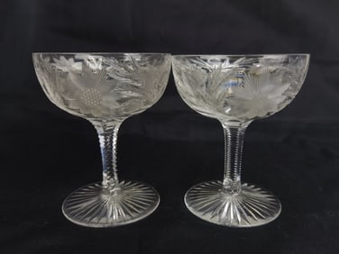 Pr. of Cut Crystal Flower Champagne Glasses