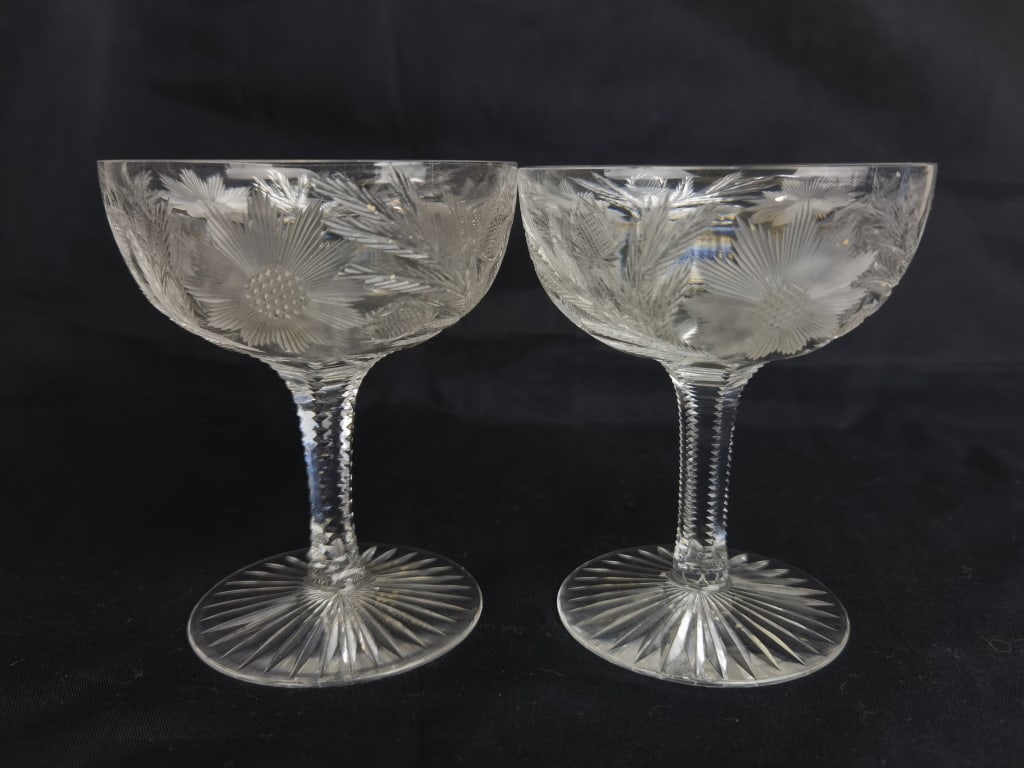 Pr. of Cut Crystal Flower Champagne Glasses: Pr. of Cut Crystal Flower Champagne Glasses, 4 5/8in by 3.75in