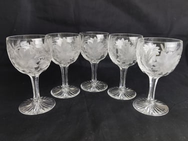 (5) Cut Crystal Flower Wine Glasses