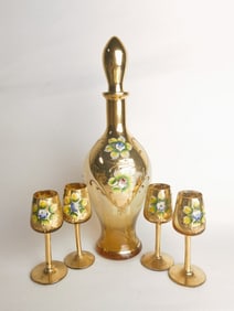 Vintage Murano Italy Gilt Hand Painted Decanter Se
