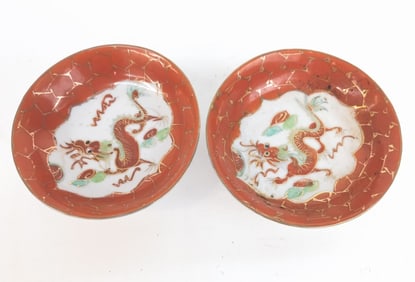 Pr. of Chinese Gilt Iron Red Glaze Dragon Plates
