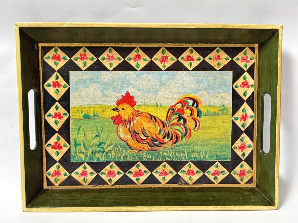 Vintage Hand Painted Rooster Wood Tray: Vintage Hand Painted Rooster Wood Tray, 16.5in by 12.25in by 2in