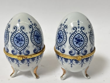 Pr. of Vintage Porcelain B&W Egg Trinket Boxes