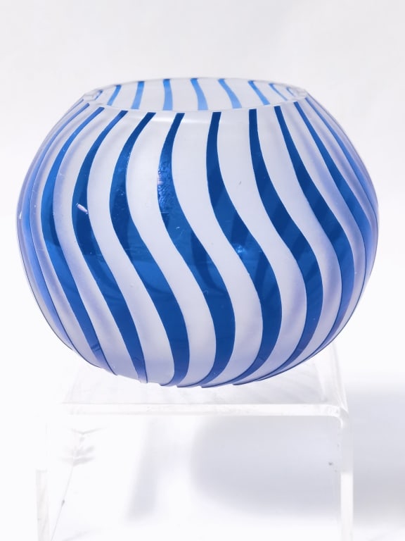 Vintage Cobalt Blue/White Curved Stripe Art Glass (1 of 3)