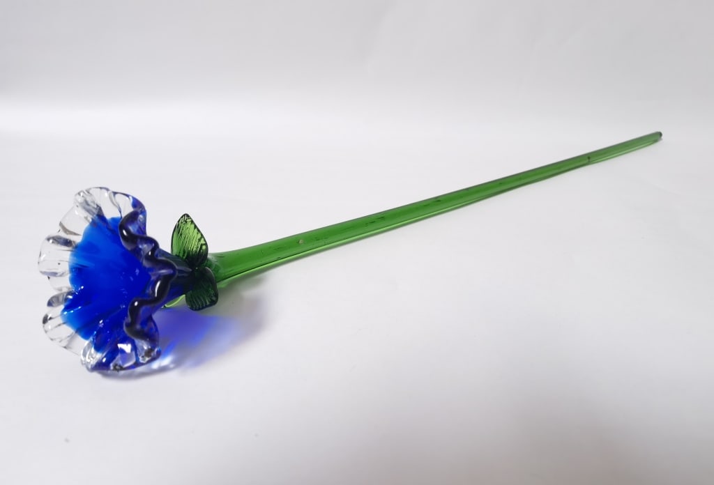 Vintage Blue Art Glass Flower: Vintage Blue Art Glass Flower, 20in