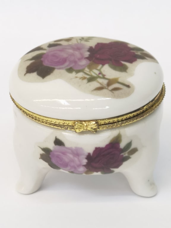 Vintage Porcelain Footed Floral Trinket Box (1 of 2)