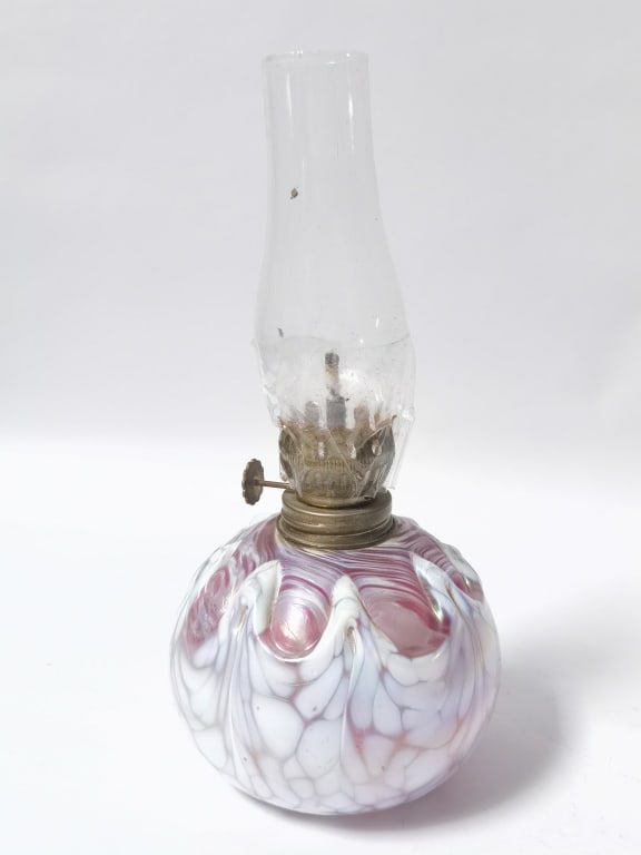 Vintage Iridescent Pink and White Spatter Glass Oi: Vintage Iridescent Pink and White Spatter Glass Oil Lamp, 8.5in