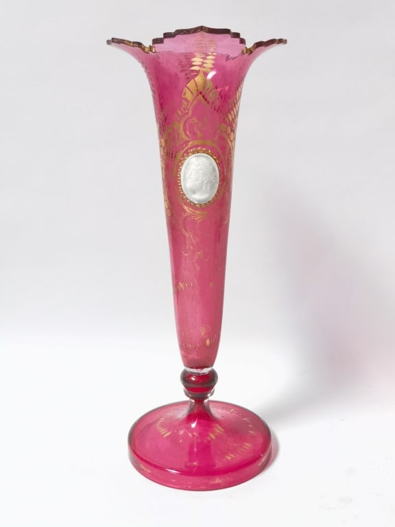 Antique Bohemian Cranberry Art Glass Trumpet Vase (1 of 4)