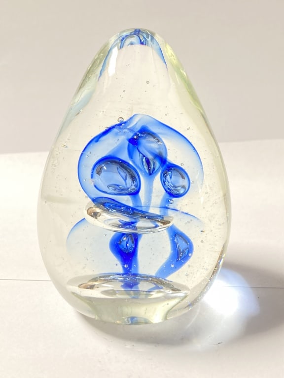 Unmarked Blue Bubble Egg Shape Glass Paperweight (1 of 4)