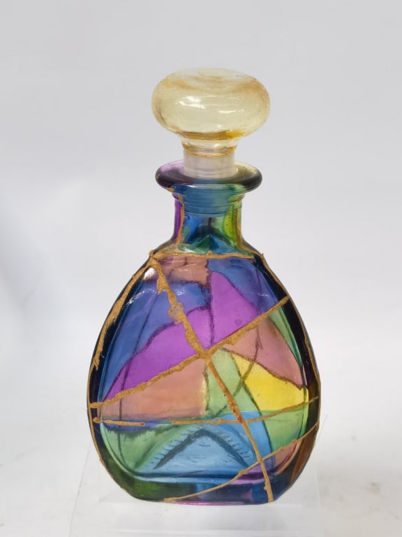 Vintage Mosaic Stained Glass Perfume Bottle: Vintage Mosaic Stained Glass Perfume Bottle, 5.25in