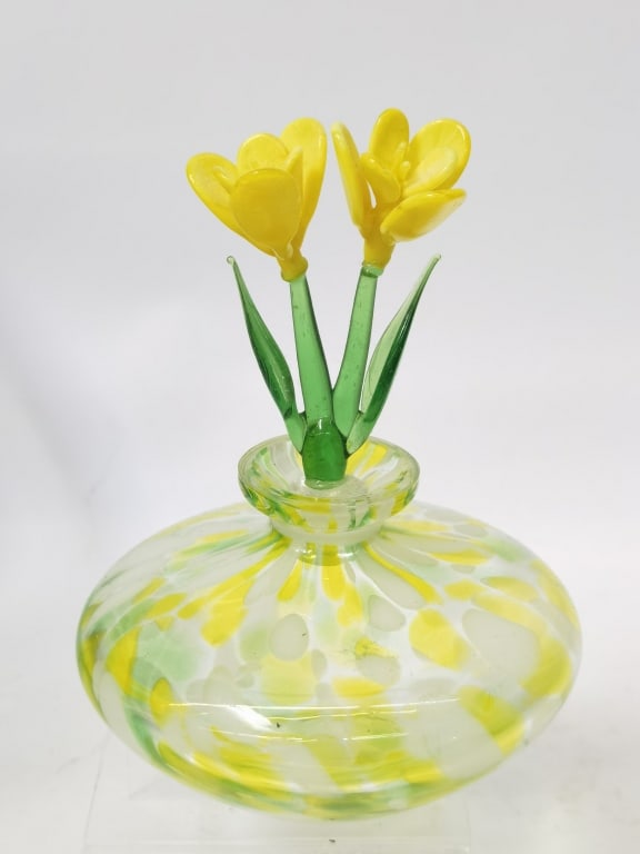 Vintage Yellow Flower Art Glass Perfume Bottle: Vintage Yellow Flower Art Glass Perfume Bottle, 5.75in