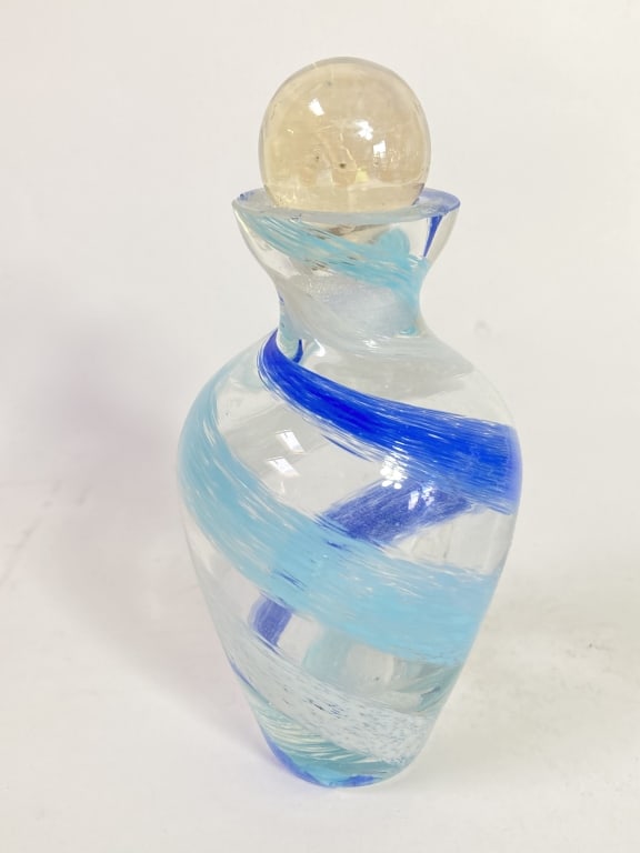 Vintage Blue Swirl Art Glass Perfume Bottle: Vintage Blue Swirl Art Glass Perfume Bottle, 5in