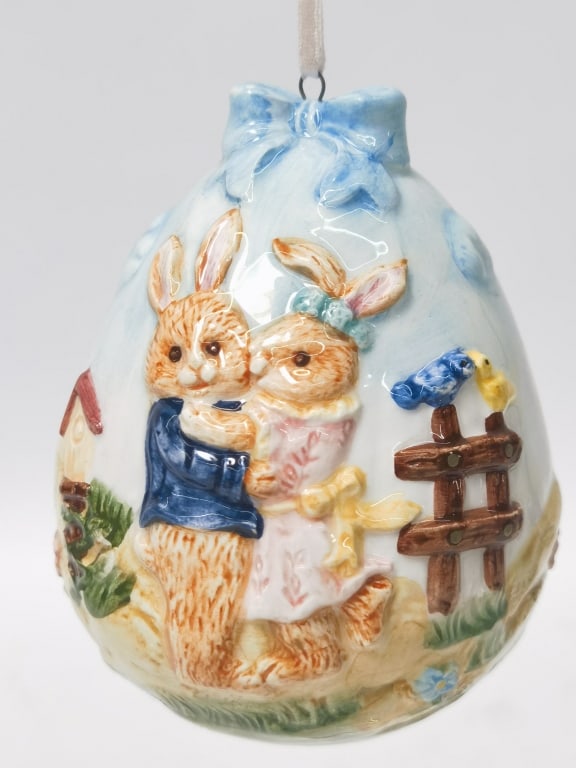 Vintage Embossed Porcelain Bunnies Egg Ornament: Vintage Embossed Porcelain Bunnies Egg Ornament, 4in