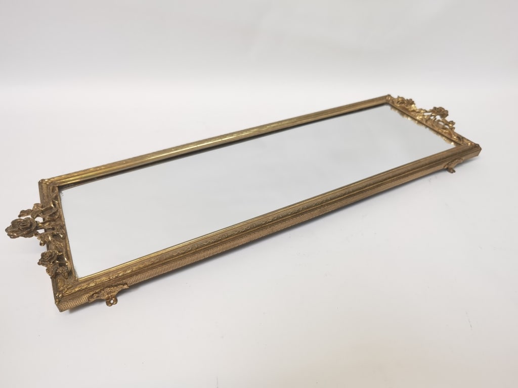 Vintage Gold-Tone Metal Mirrored Tray: Vintage Gold-Tone Metal Mirrored Tray, 20in by 6.5in