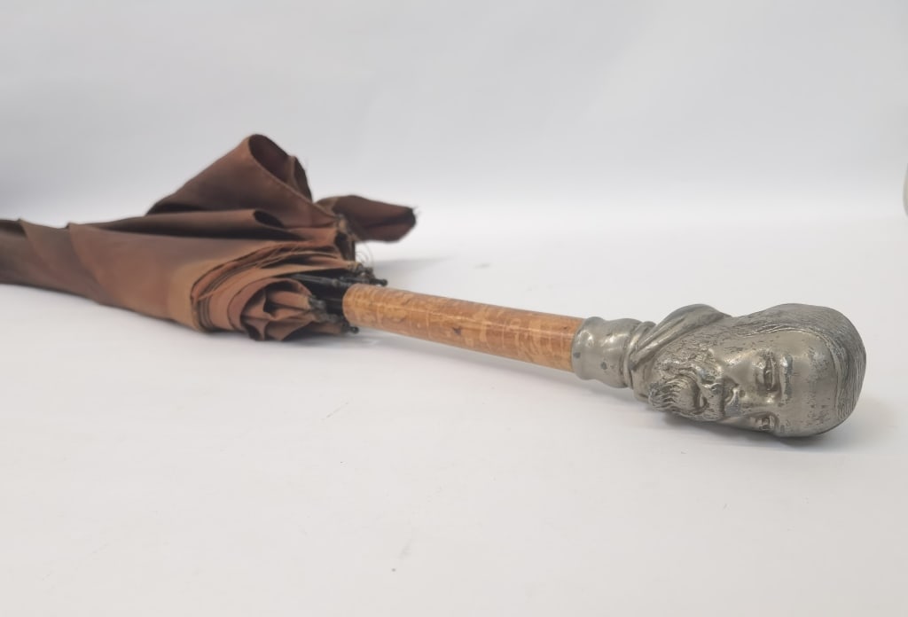 Vintage Umbrella with Pewter Figure Head Handle: Vintage Umbrella with Pewter Figure Head Handle, 36in