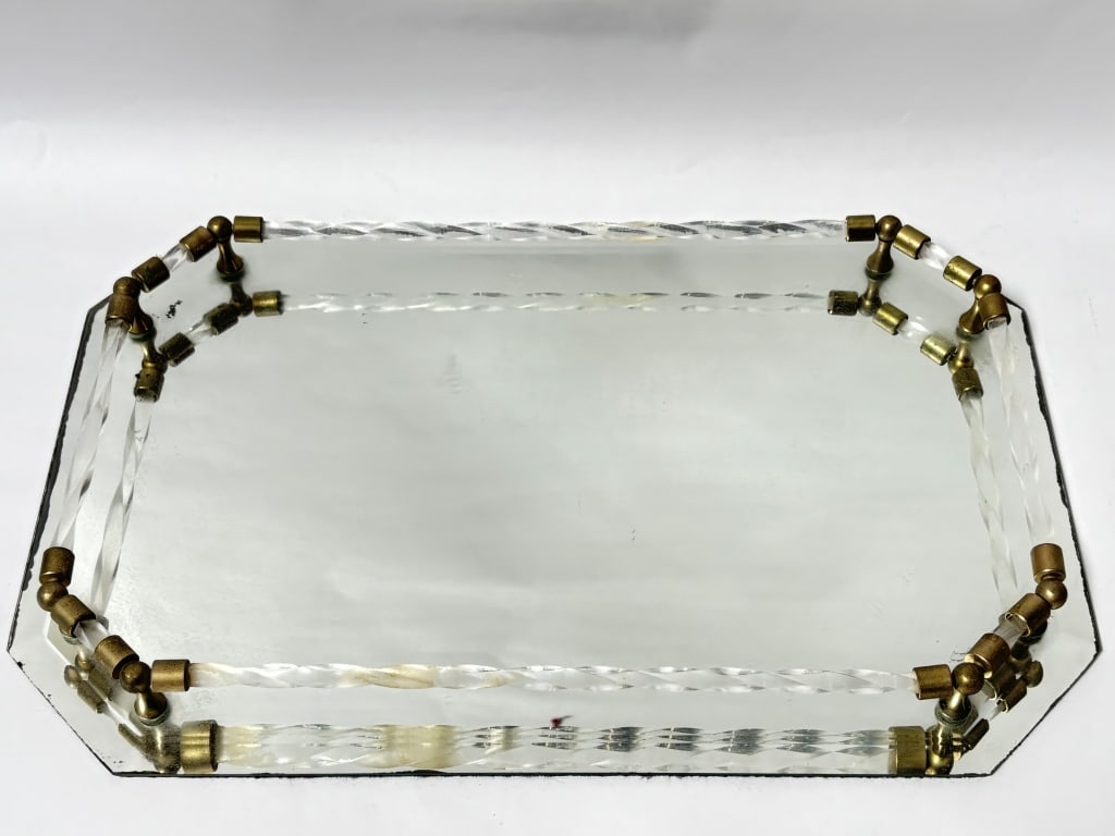 Vintage Lucite Glass Vanity Mirror Tray: Vintage Lucite Glass Vanity Mirror Tray, 17in by 1.75in
