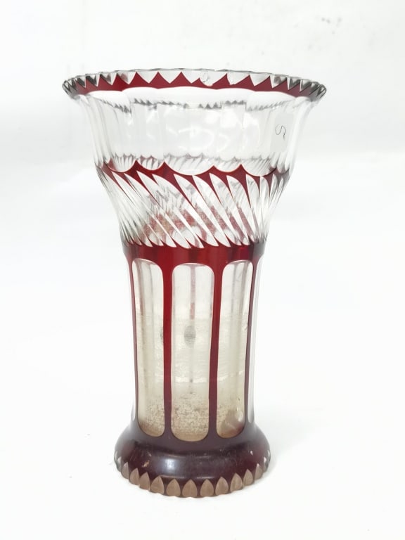 Vintage Bohemian Ruby Red Cut-to-Clear Glass Vase (1 of 4)