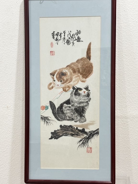 Vintage Chinese Cat Watercolor Painting, Cao Qing: Vintage Chinese Cat Watercolor Painting, Cao Qing, 33.5in by 15.5in